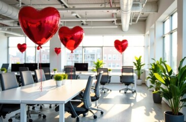 Modern office workspace decorated with red heart shaped foil balloons near each table, white...