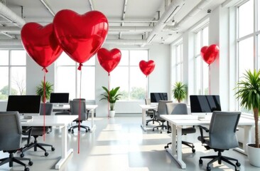 Modern office workspace decorated with red heart shaped foil balloons near each table, white interior, openspace office, grey chairs, monitors on white tables, green plants, Valentine's Day, sun light