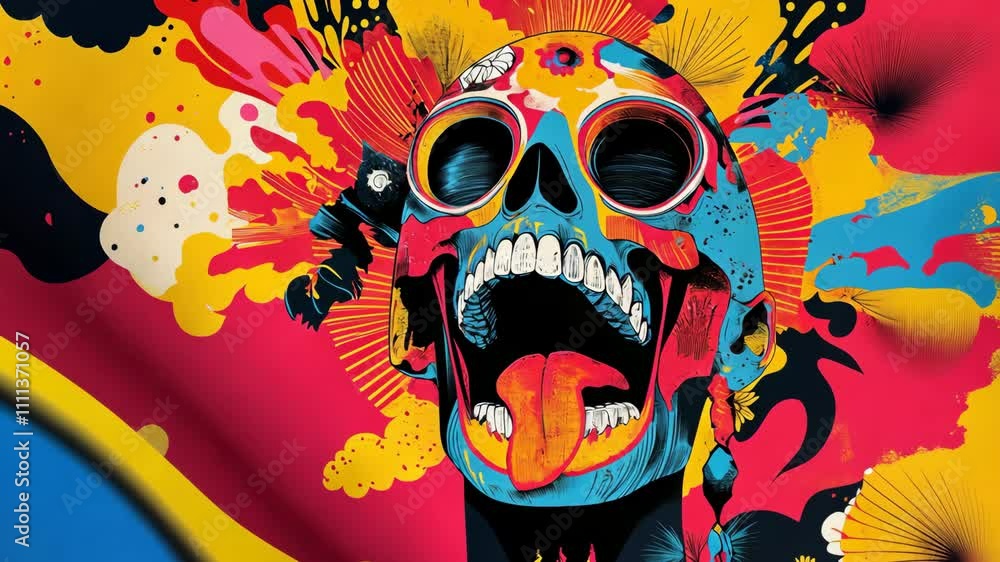 Poster colorful skull art displays vibrant creativity with abstract patterns and bold colors in a dynamic c