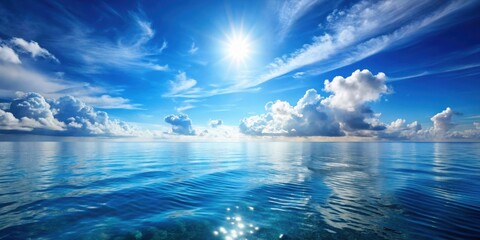 Obraz premium Empty sea landscape with blue sky, clouds, waves, and sunlight reflected in the water , Blue sky, clouds, horizon, sunlight, water