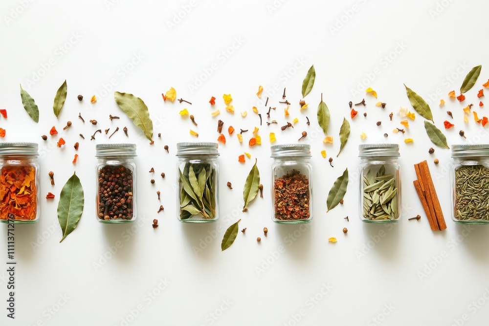 Poster colorful spices in glass jars are displayed alongside bay leaves and cinnamon sticks, inviting explo