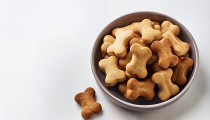 Fototapeta premium Bowl of bone-shaped dog biscuits on white background.