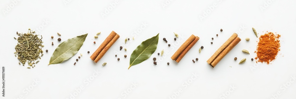 Poster Colorful spices arranged neatly with bay leaves and cinnamon sticks offer an inviting aroma, creating a perfect backdrop for culinary creativity. Generative AI