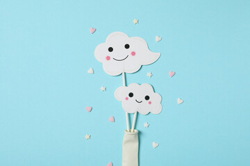 Concept of party decor and confetti, balloons and candles.