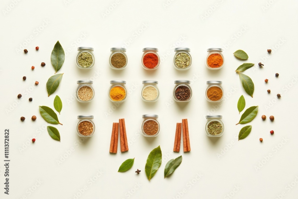 Poster small jars filled with vibrant spices, cinnamon sticks, and bay leaves create a fragrant display aga