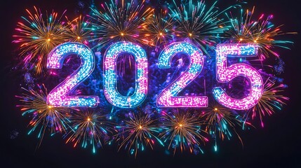 A fireworks 2025 milestone. vibrant display of celebration the new year, with colorful numbers illuminated against a dark background.