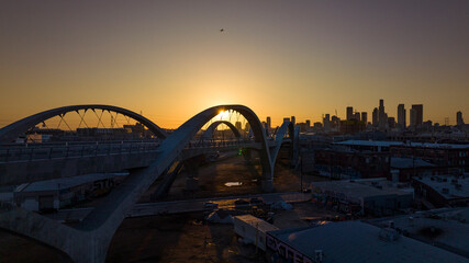 MARCH 25, 2023, LOS ANGELES, CA., USA - aerial sunset view of new 6th State Bridge leads from East LA to downtown Los Angeles, CA.