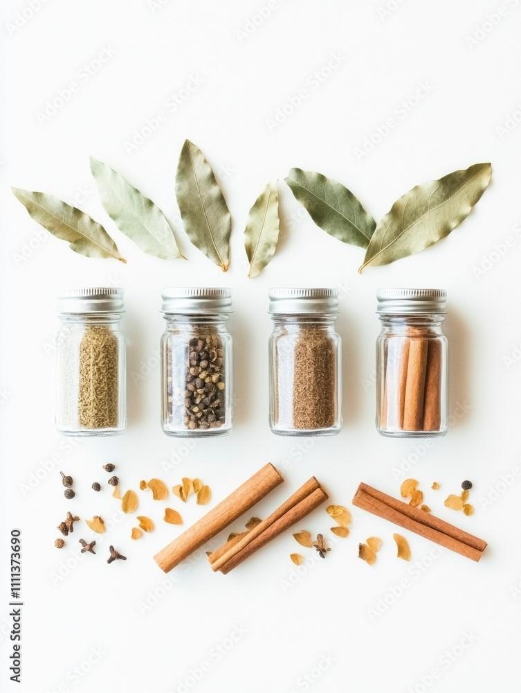 Poster Brightly colored spices are neatly displayed in small jars alongside aromatic bay leaves and cinnamon sticks, creating a vibrant arrangement. Generative AI