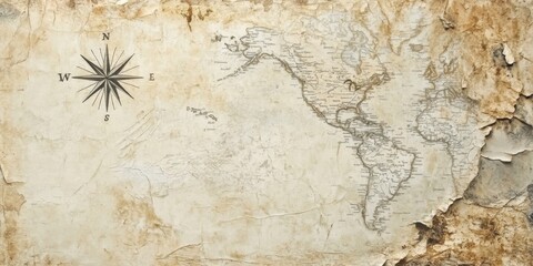 Fototapeta premium Antique World Map Background Aged Paper Texture Compass Rose Travel Exploration