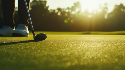 A professional golfer practicing putting techniques on a golf course green, with golf clubs and precision golf strokes, Golf practice scene