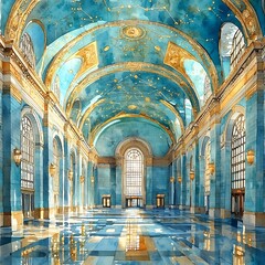 Obraz premium Watercolor Painting of a Grand Hall with a Celestial Ceiling and Reflective Floor.