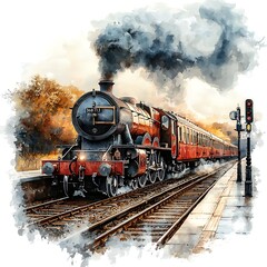 Naklejka premium A Watercolor Painting of a Vintage Steam Train Arriving at a Railway Station.