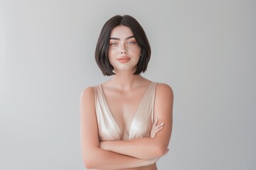 Obraz premium Minimalistic portrait of confident woman, short dark hair, neutral gray background, elegant pose, glowing skin, natural makeup, serene expression, modern beauty concept, copy space