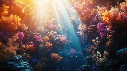 Obraz premium A mesmerizing underwater world of colorful coral reefs and gentle sunbeams streaming through the water