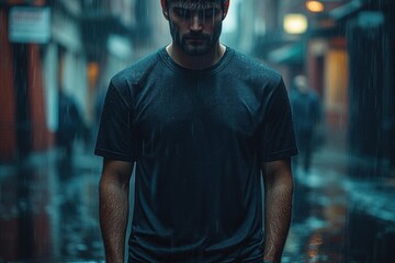 Fototapeta premium Rainy Day Stroll Through The City - A Man Walks Through Puddles in The Street, Wearing a Black Shirt in the Rain
