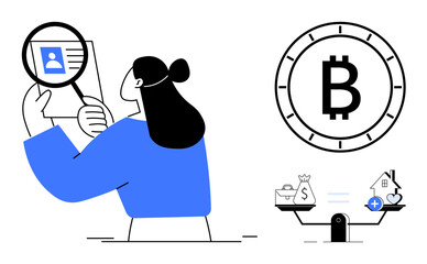 Woman analyzing data with magnifying glass, Bitcoin symbol, and scale balancing money and house. Ideal for financial analysis, digital currency, investment, technology, blockchain, personal finance
