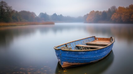 Fototapeta premium A blue rowboat sits still on a misty lake in the early morning, surrounded by trees with fall foliage.