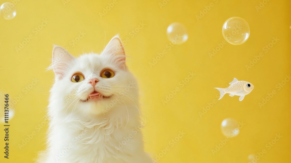 Poster A fluffy white cat gazes curiously at fish inside circles floating around its head. The bright yellow background enhances the playful atmosphere. Generative AI