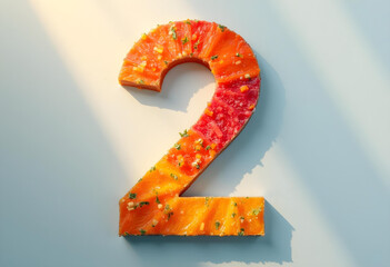 Colorful number two made of fruit jelly with vibrant textures and toppings