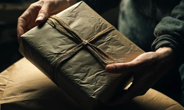 A person holding a wrapped package tied with twine, suggesting a gift or delivery.