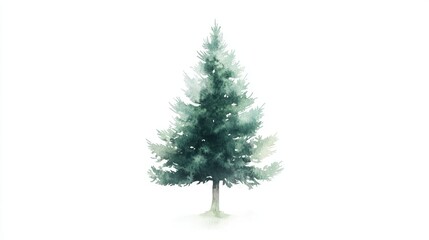 A minimalist watercolor pine tree, standing tall and alone in soft hues of green, set against a white background