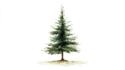 Fototapeta premium A minimalist watercolor pine tree, standing tall and alone in soft hues of green, set against a white background