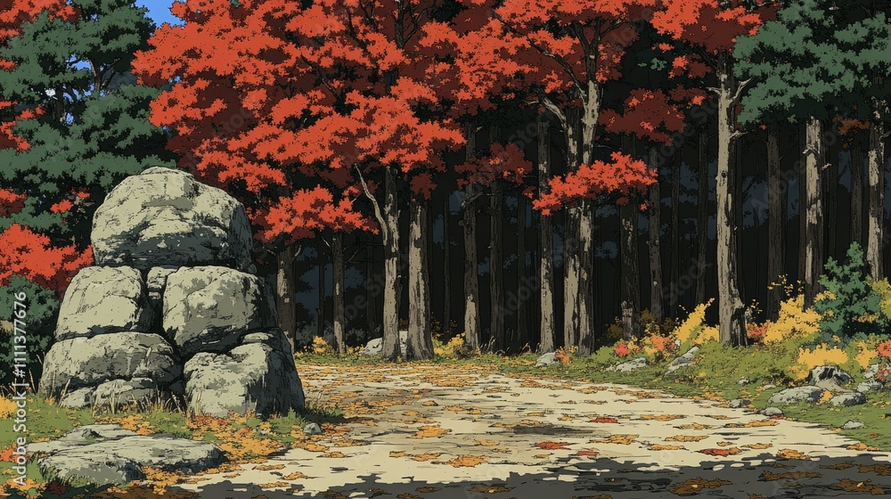 Poster a dirt path leads through a forest with a large rock formation on the left. the trees are mostly gre