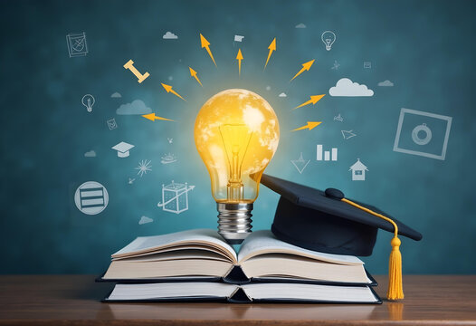 Innovative education concept featuring light bulb above books, symbolizing knowledge and creativity. This captures essence of learning and inspiration