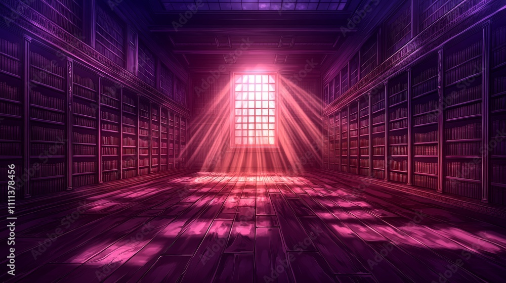 Poster a large, empty library with a single window letting in sunlight.