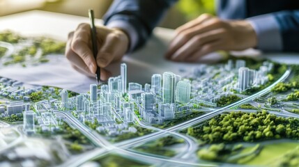 A serene shot of an architect sketching plans for a smart city district with integrated technology and green mobility solutions, Smart city planning scene, Futuristic urbanism style