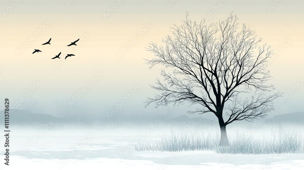 Poster a lone tree stands in a misty field with a flock of birds flying overhead.