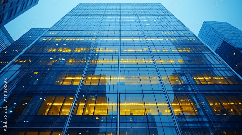 Poster a low angle view of a modern skyscraper with illuminated windows in a city.