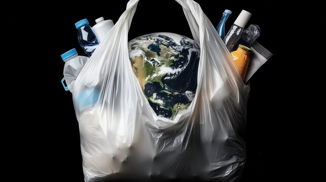 Planet Earth in a Plastic Bag Surrounded by Waste