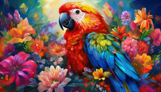 Vibrant parrot among colorful flowers