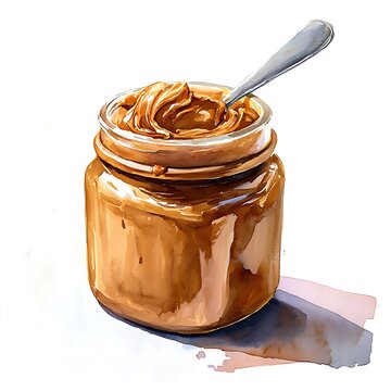A watercolor painting of a glass jar of dulce de leche with a spoon.