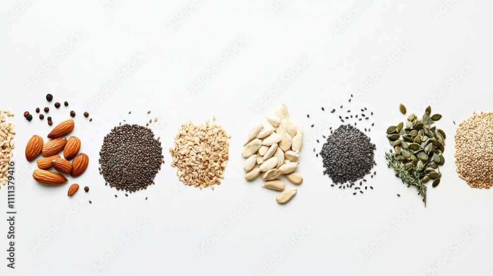 Aufkleber various organic seeds, nuts, and herbs are displayed on a clean white background, providing empty sp