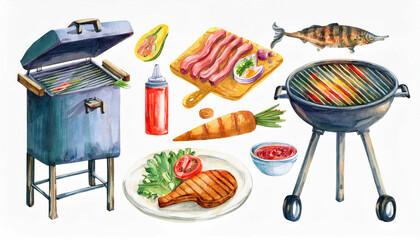 Watercolor barbecue elements set