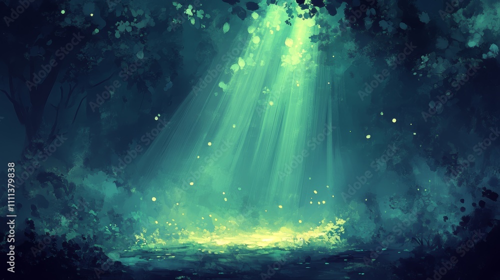 Poster a mystical forest clearing with beams of light shining through the trees and glowing particles in th