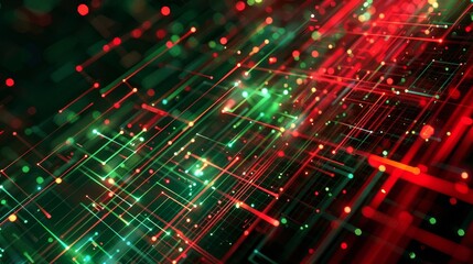 Red and green lines and dots creating a futuristic technological network, ideal for projects related to big data, communication, and the digital world
