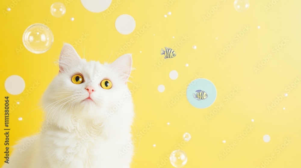 Poster A fluffy white cat watches with curiosity as colorful fish circles float around its head in a bright yellow space, creating a whimsical atmosphere. Generative AI