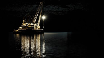 Naklejka premium Nighttime Crane Vessel Operates on Calm Waters, Reflecting Lights, Maritime Industry at Night
