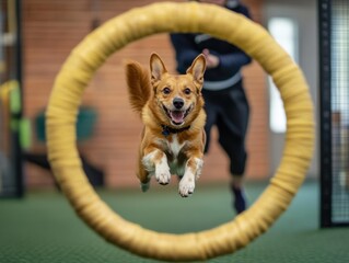 Exciting dog agility training session indoor gym sports photography vibrant environment dynamic viewpoint canine fitness concept