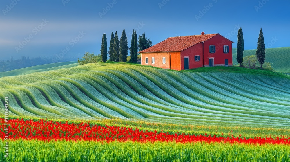 Poster a red farmhouse sits on a hillside overlooking rolling green fields with a field of red poppies in t