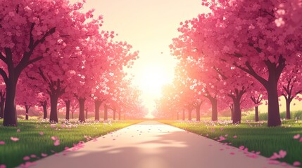 Naklejka premium A scenic road lined with blooming cherry blossom trees, bathed in the warm glow of the setting sun, creates a picturesque scene.