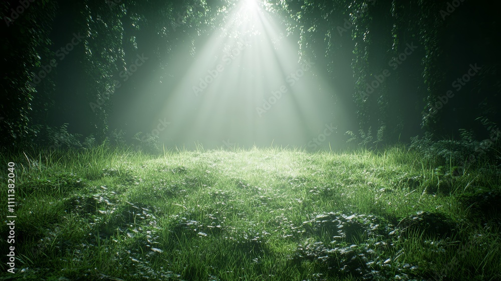 Poster a single beam of light shines through the dense canopy of trees illuminating a clearing in the fores