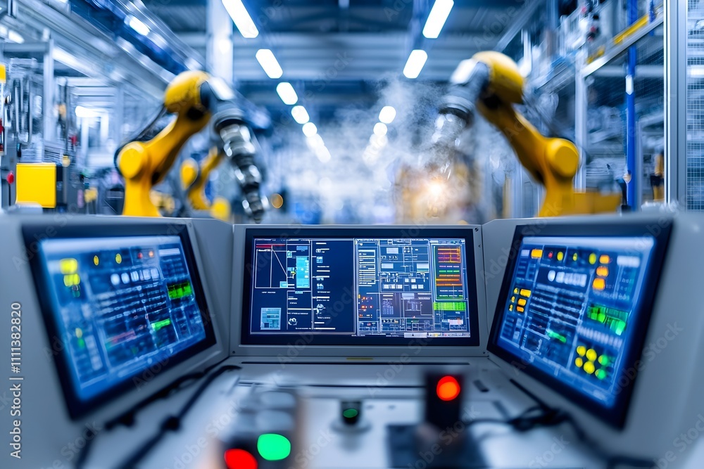 Poster grandiose state of the art manufacturing hub with intricate controls and mesmerizing robotic choreog