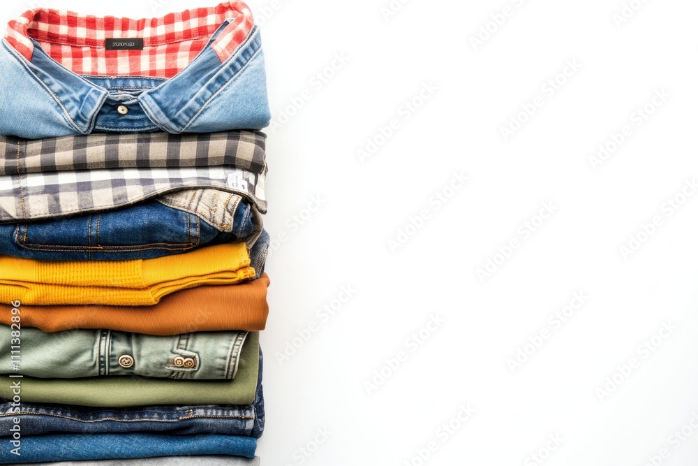 Poster Casual clothing items such as shirts and pants are neatly folded and stacked, creating an organized display on a clean white background. Generative AI