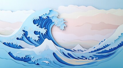 A serene paper cut illustration of The Great Wave, layered in soft shades of blue and white, under a pastel sky