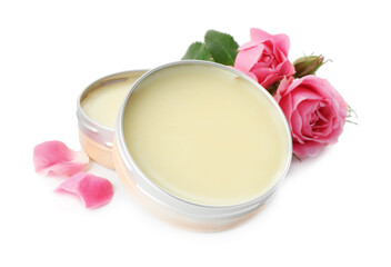 Natural solid perfume and roses isolated on white