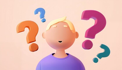 Happy 3D boy surrounded by colorful question marks, pondering, curious, thinking.